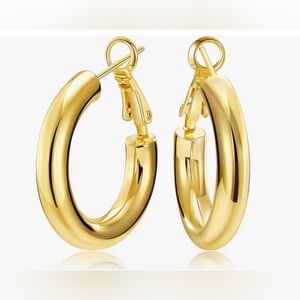 Gold plated chunky round hoop earrings, lightweight 1"